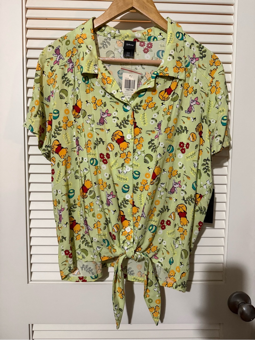Disney Light Green Winnie the Pooh Tie-Front Button Down Top